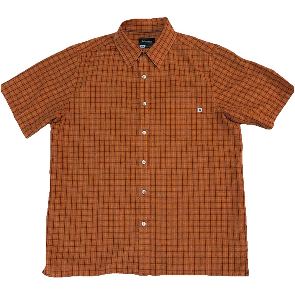 Marmot Mens Sz Medium Short Sleeve Button Up Shirt Orange Macro Check